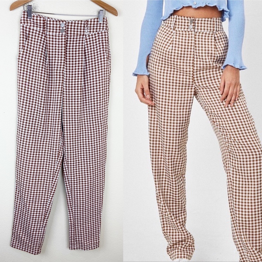 NWT NASTY GAL Brown Gingham Plaid Trouser Pants Retro 70s Style High Waist